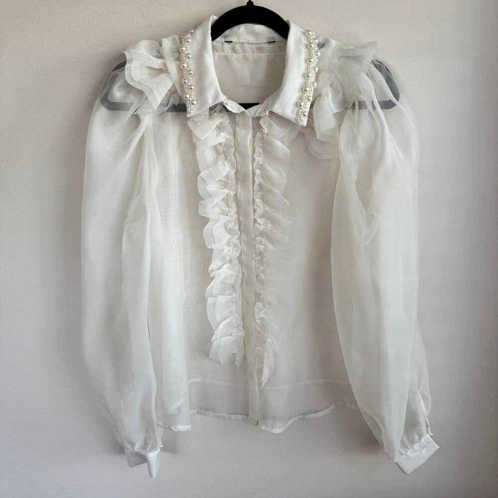 Zara White Sheer Ruffle Blouse with Pearl Collar